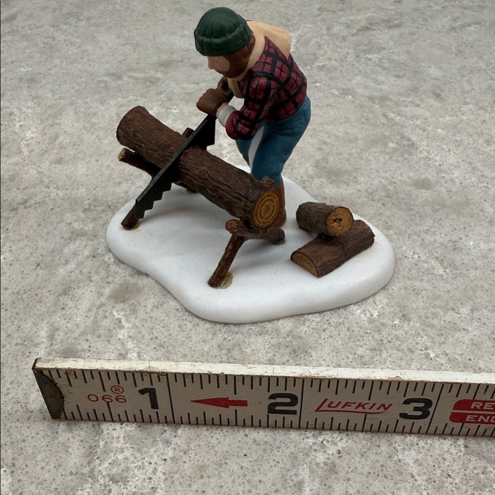 Miniature Department 56 Porcelain Woodcutter Figurine, Saw & Logs 3x2.5x2 in